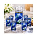 Jarra de Cristal con 6uds de Vasos con Diseño de Lirios Azules y Blancos