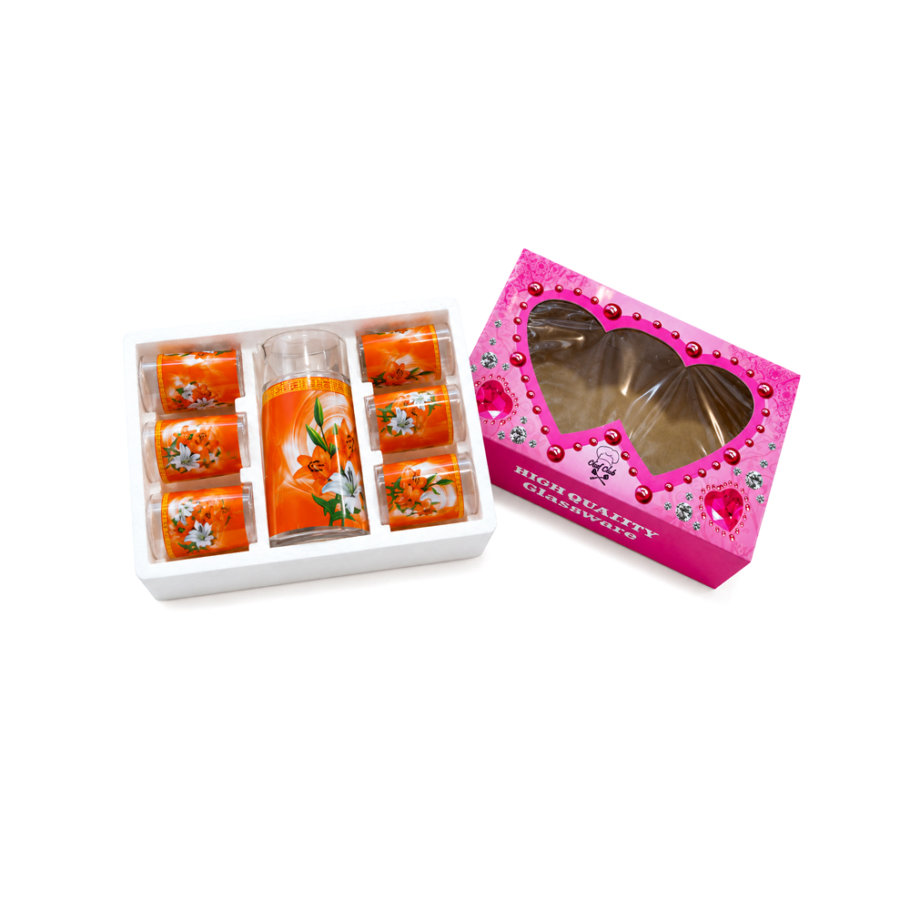 Jarra de Cristal con 6uds de Vasos con Diseño de Lirios Naranjas y Blancos