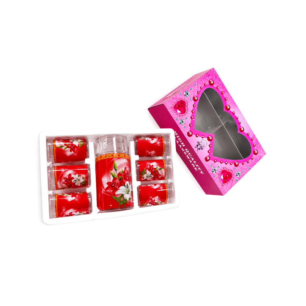 Jarra de Cristal con 6uds de Vasos con Diseño de Lirios Rojos y Blancos