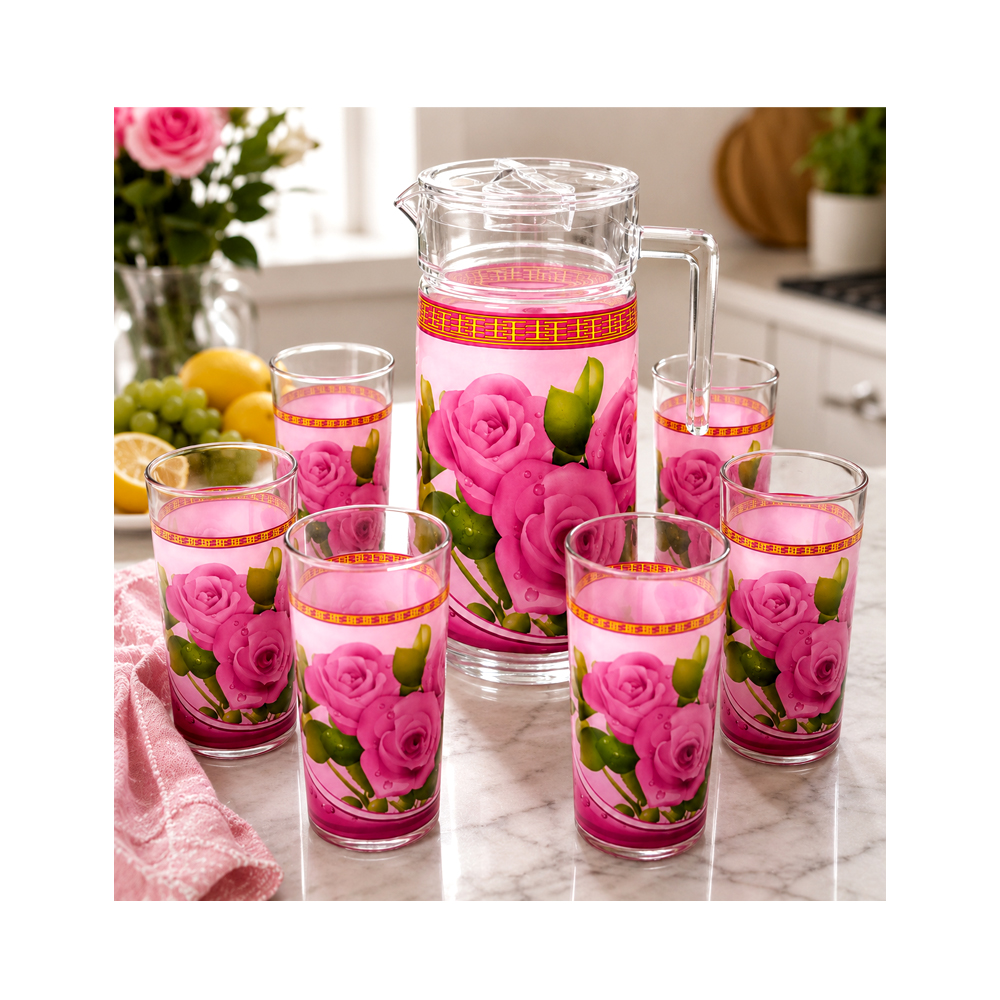 Jarra de Cristal con 6uds de Vasos con Diseño de Rosas Moradas