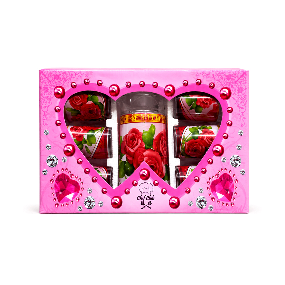 Jarra de Cristal con 6uds de Vasos con Diseño de Rosas Rojas