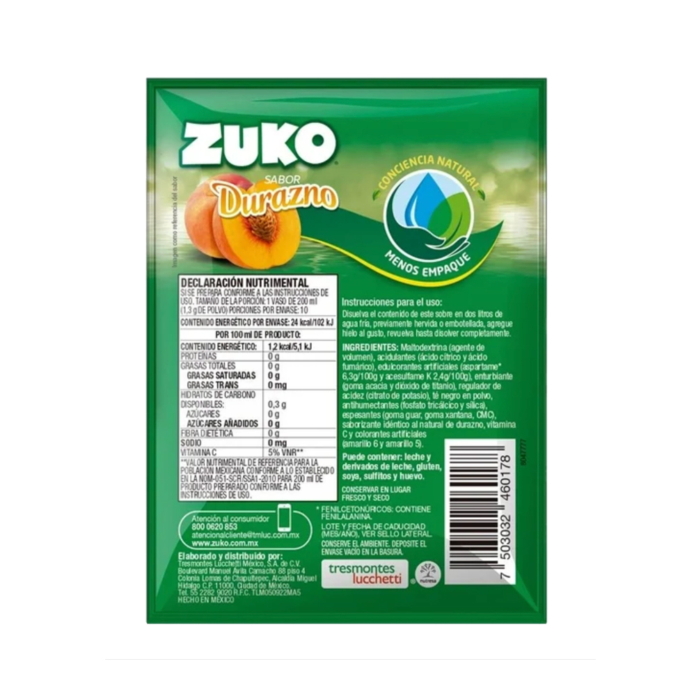Bebida polvo Zuko Durazno 20 gr