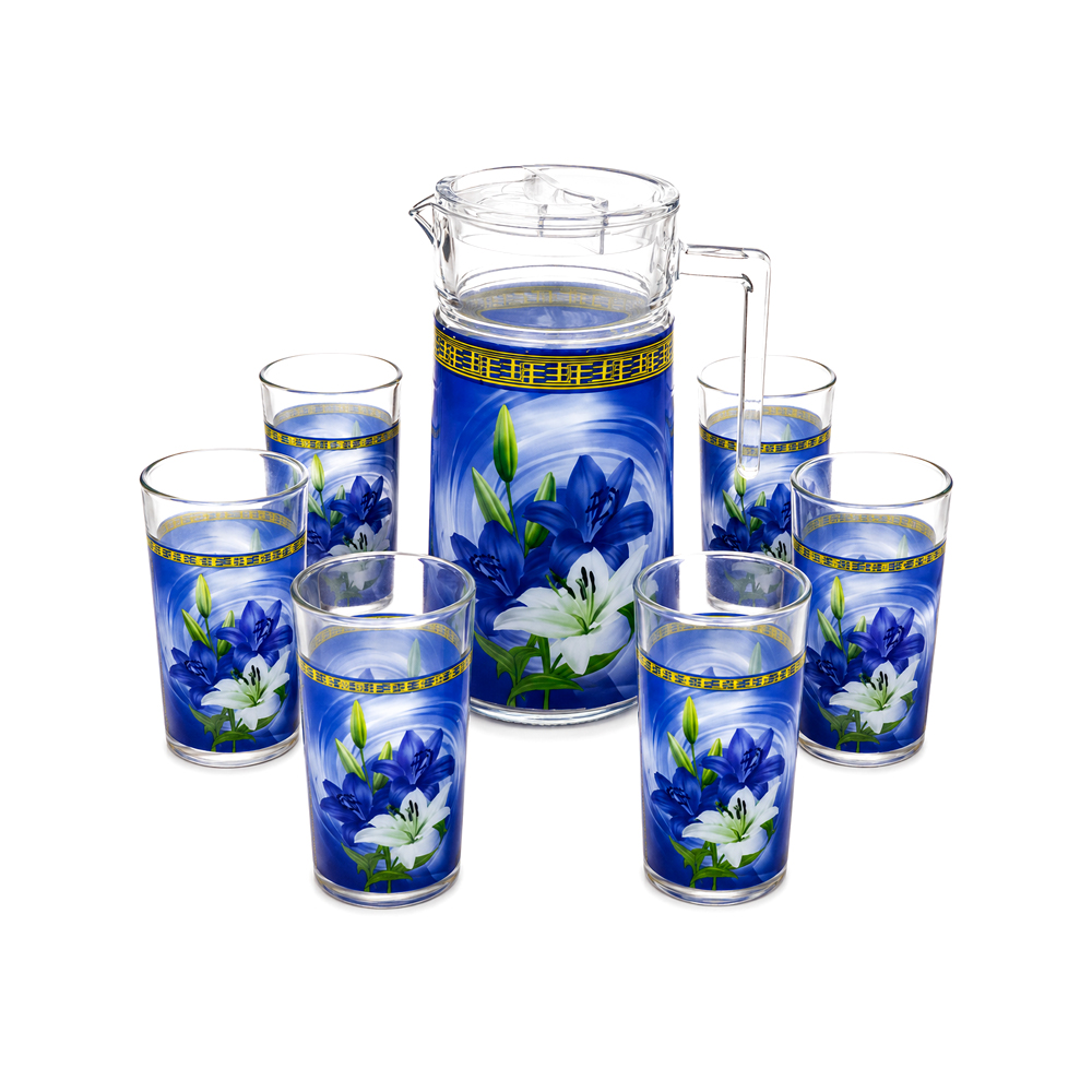 Jarra de Cristal con 6uds de Vasos con Diseño de Lirios Azules y Blancos
